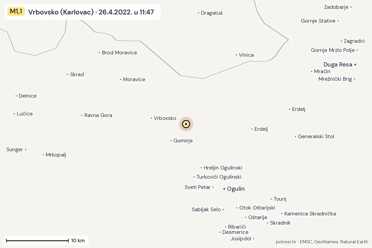Karta: okolica epicentra, 60 km, potres M1,1, Vrbovsko (Karlovac), 26.4.2022.