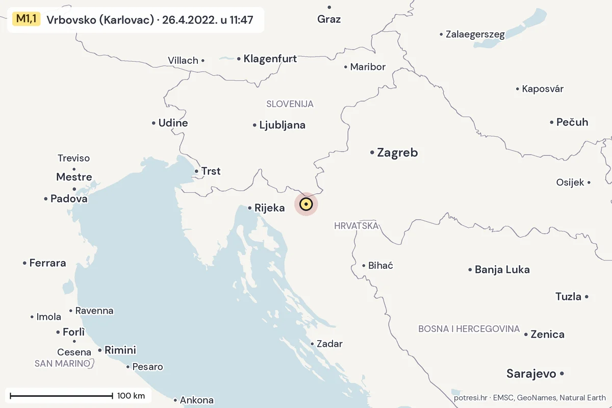 Karta: šire područje, 600 km, potres M1,1, Vrbovsko (Karlovac), 26.4.2022.