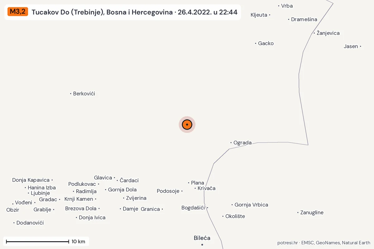 Karta: okolica epicentra, 60 km, potres M3,2, Tucakov Do (Trebinje), Bosna i Hercegovina, 26.4.2022.