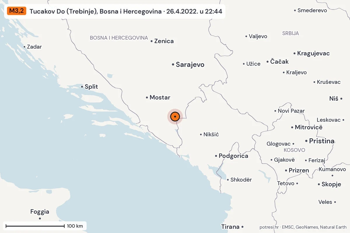 Karta: šire područje, 600 km, potres M3,2, Tucakov Do (Trebinje), Bosna i Hercegovina, 26.4.2022.