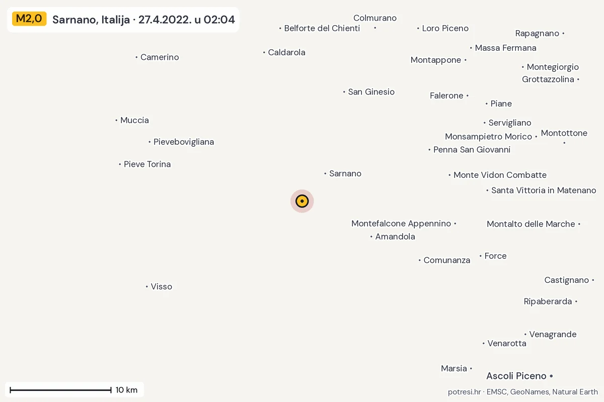 Karta: okolica epicentra, 60 km, potres M2,0, Sarnano, Italija, 27.4.2022.