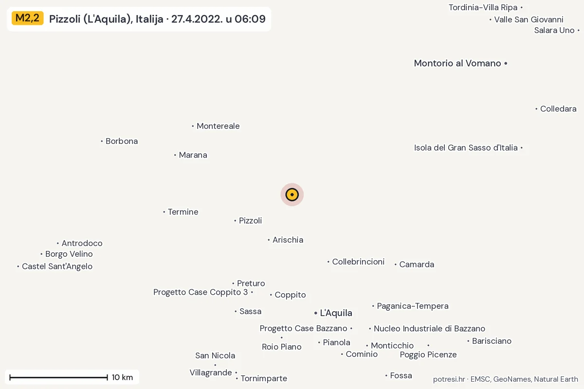 Karta: okolica epicentra, 60 km, potres M2,2, Pizzoli (L'Aquila), Italija, 27.4.2022.