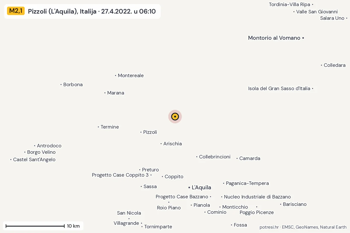 Karta: okolica epicentra, 60 km, potres M2,1, Pizzoli (L'Aquila), Italija, 27.4.2022.
