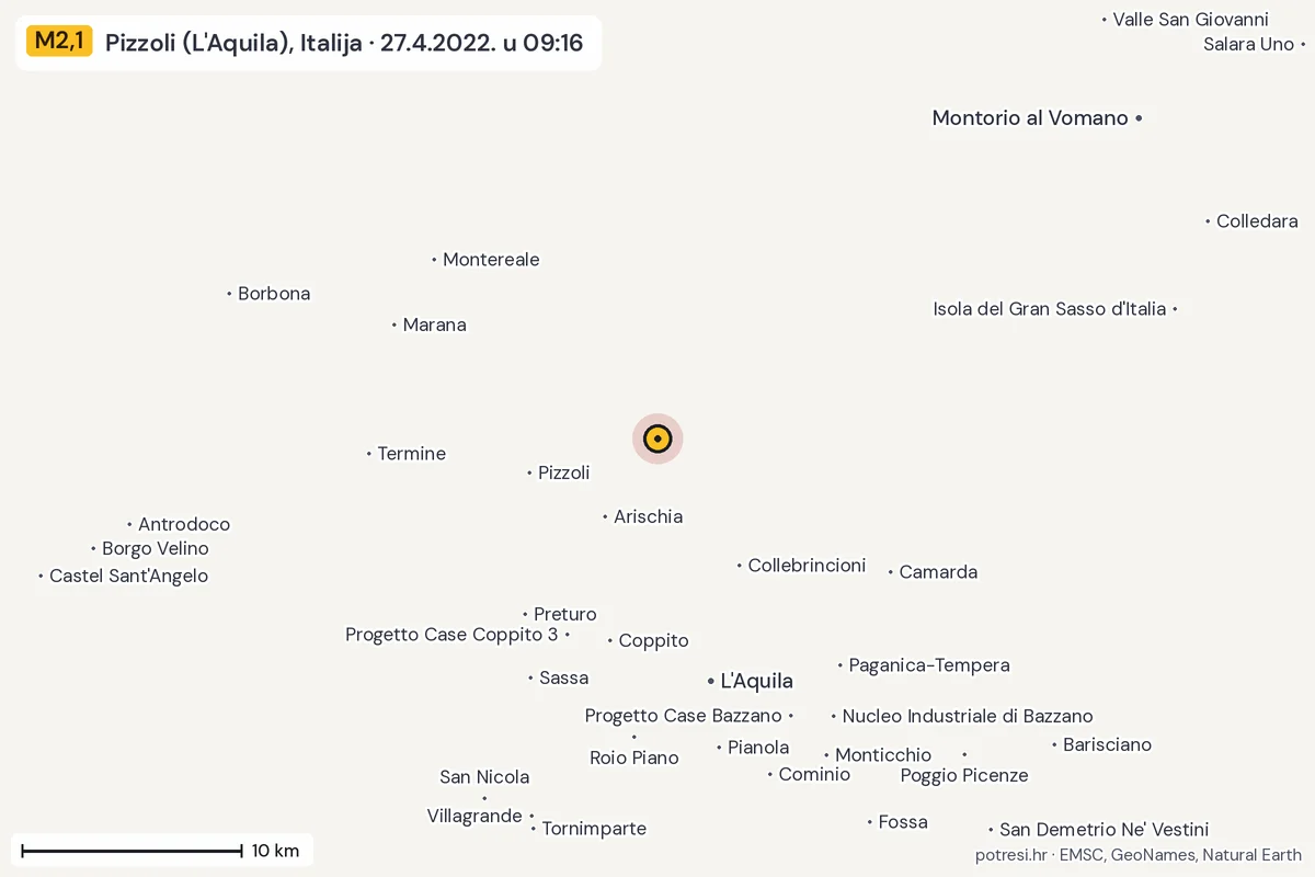 Karta: okolica epicentra, 60 km, potres M2,1, Pizzoli (L'Aquila), Italija, 27.4.2022.