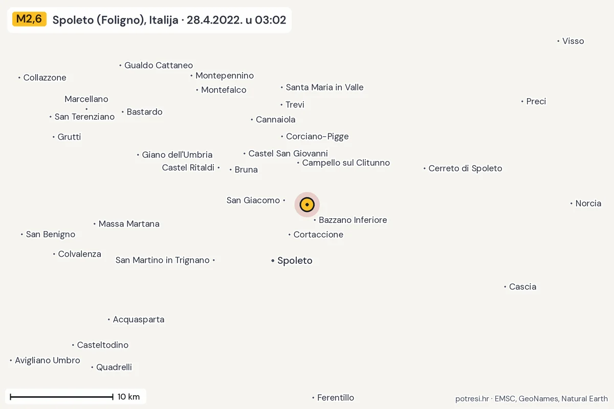 Karta: okolica epicentra, 60 km, potres M2,6, Spoleto (Foligno), Italija, 28.4.2022.