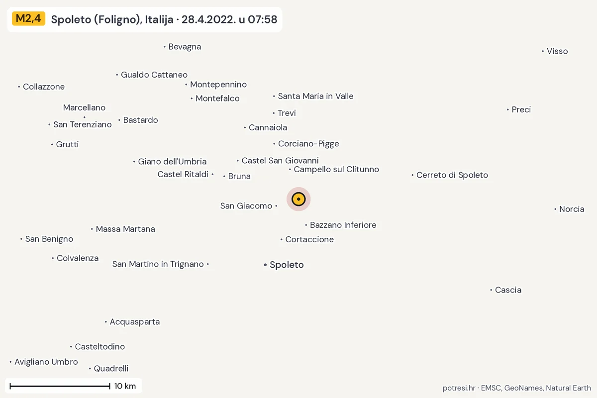 Karta: okolica epicentra, 60 km, potres M2,4, Spoleto (Foligno), Italija, 28.4.2022.