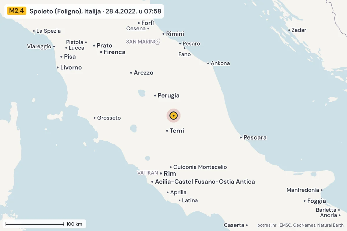 Karta: šire područje, 600 km, potres M2,4, Spoleto (Foligno), Italija, 28.4.2022.