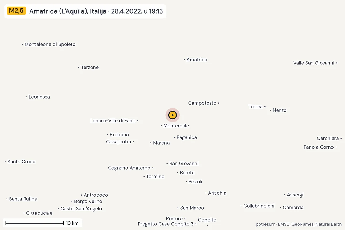 Karta: okolica epicentra, 60 km, potres M2,5, Amatrice (L'Aquila), Italija, 28.4.2022.