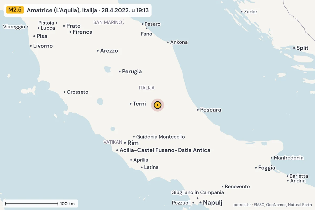 Karta: šire područje, 600 km, potres M2,5, Amatrice (L'Aquila), Italija, 28.4.2022.