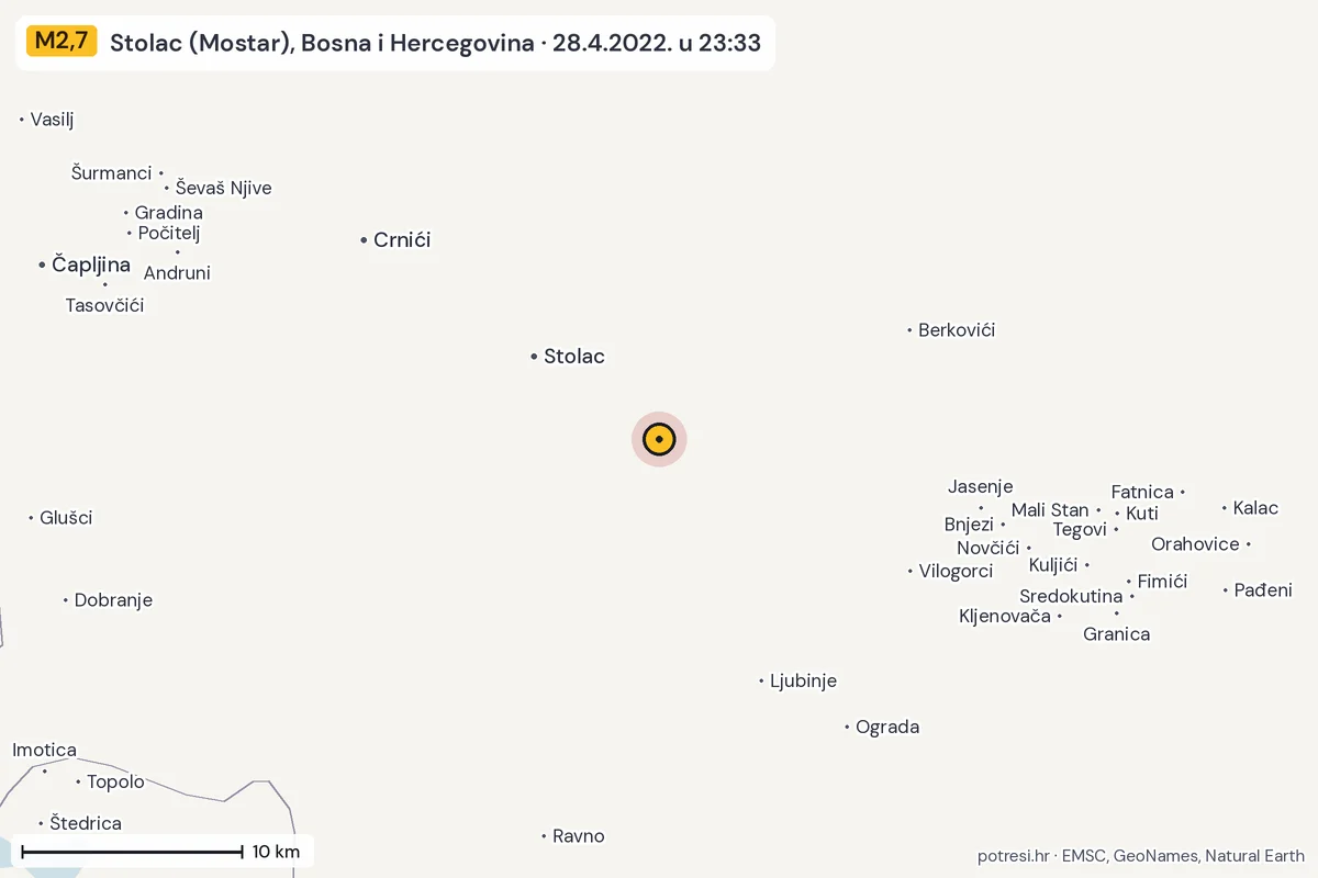 Karta: okolica epicentra, 60 km, potres M2,7, Stolac (Mostar), Bosna i Hercegovina, 28.4.2022.