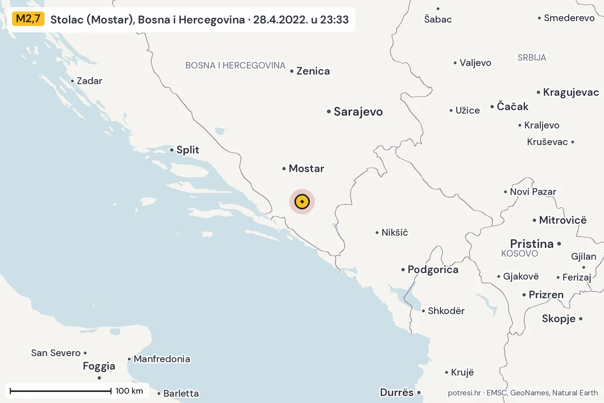 Karta: šire područje, 600 km, potres M2,7, Stolac (Mostar), Bosna i Hercegovina, 28.4.2022.