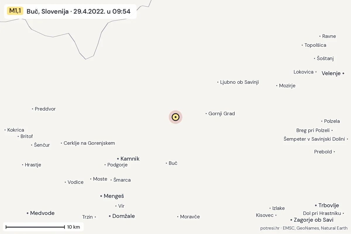 Karta: okolica epicentra, 60 km, potres M1,1, Buč, Slovenija, 29.4.2022.