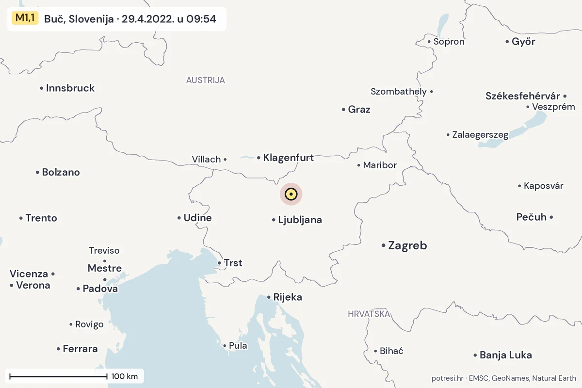 Karta: šire područje, 600 km, potres M1,1, Buč, Slovenija, 29.4.2022.