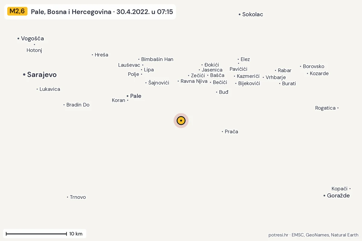 Karta: okolica epicentra, 60 km, potres M2,6, Pale, Bosna i Hercegovina, 30.4.2022.