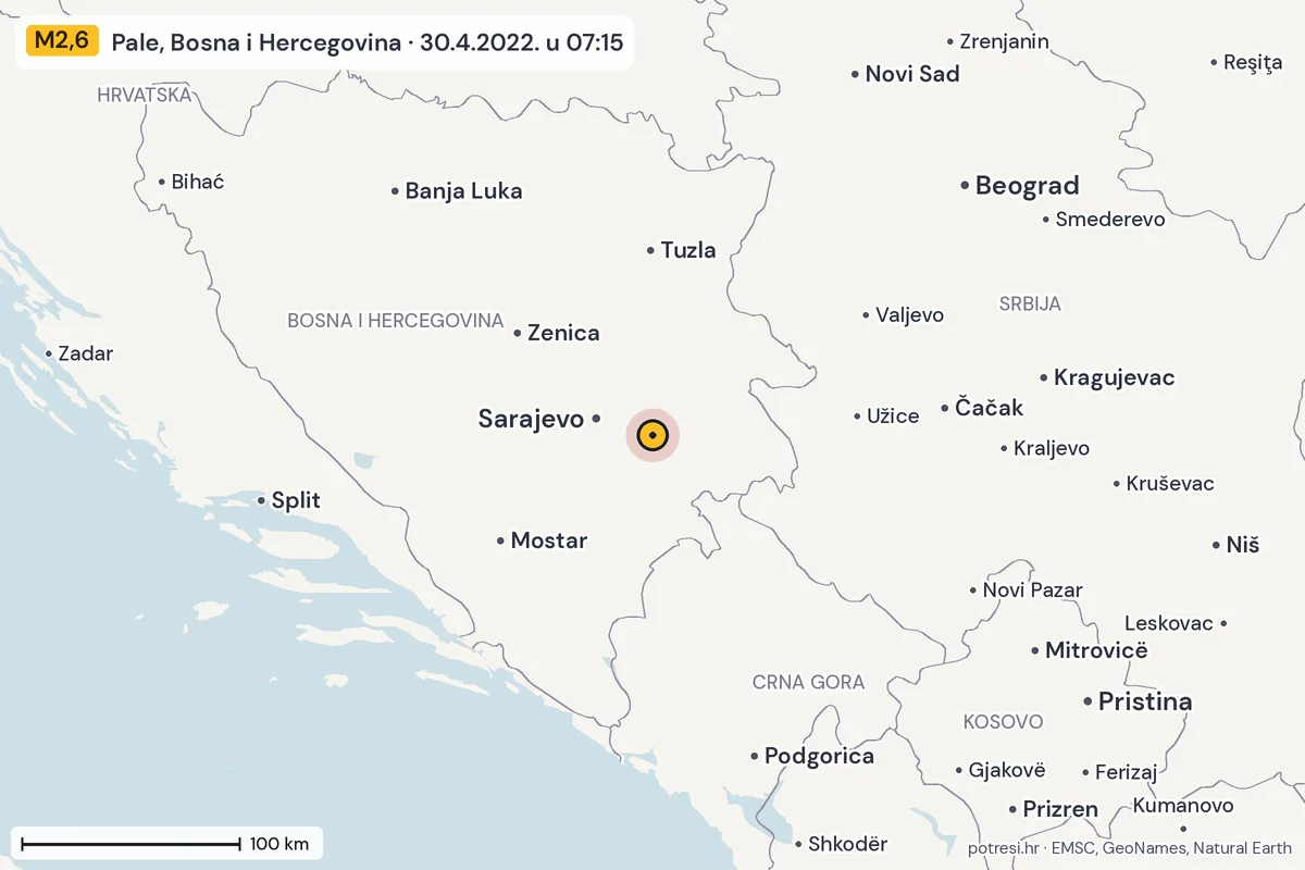 Karta: šire područje, 600 km, potres M2,6, Pale, Bosna i Hercegovina, 30.4.2022.