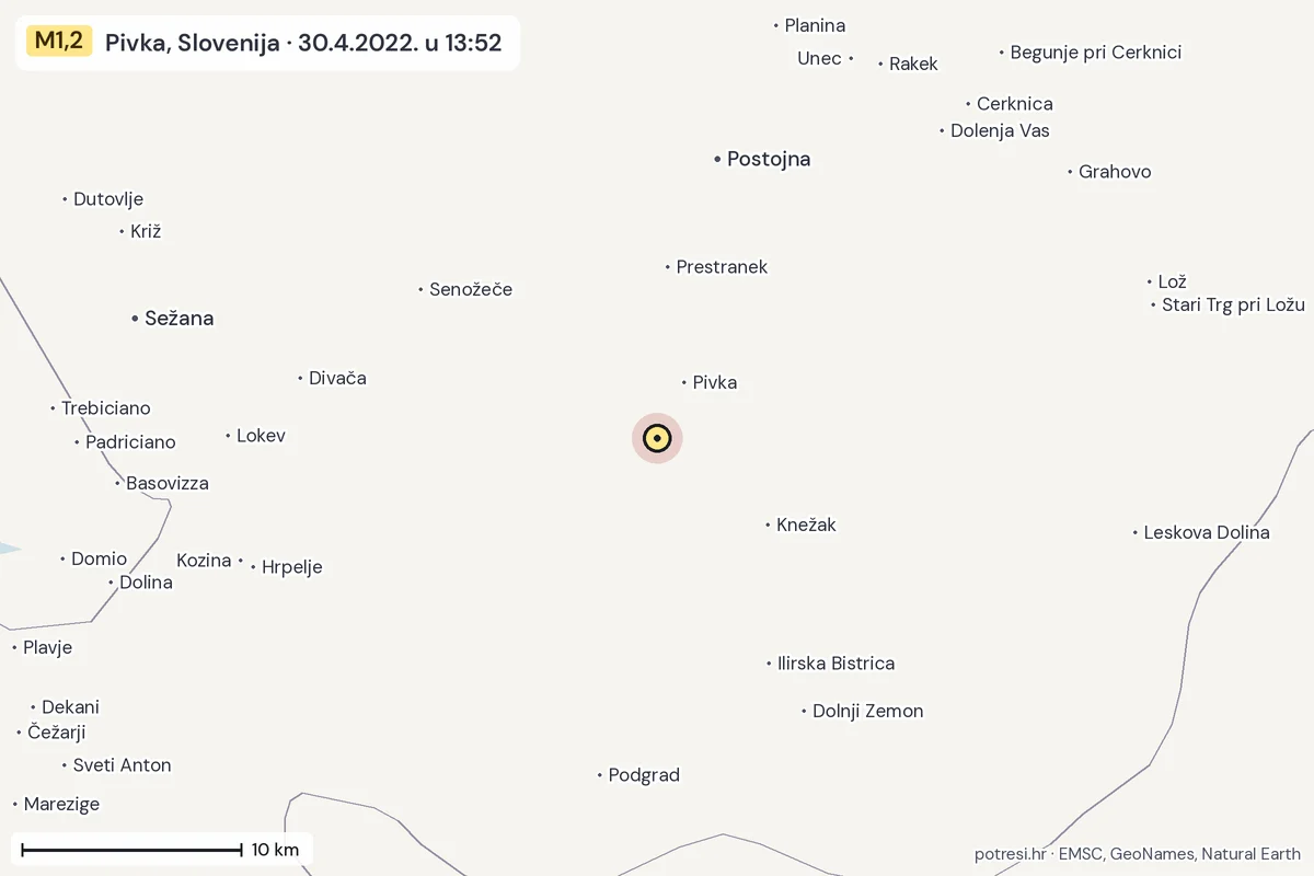 Karta: okolica epicentra, 60 km, potres M1,2, Pivka, Slovenija, 30.4.2022.