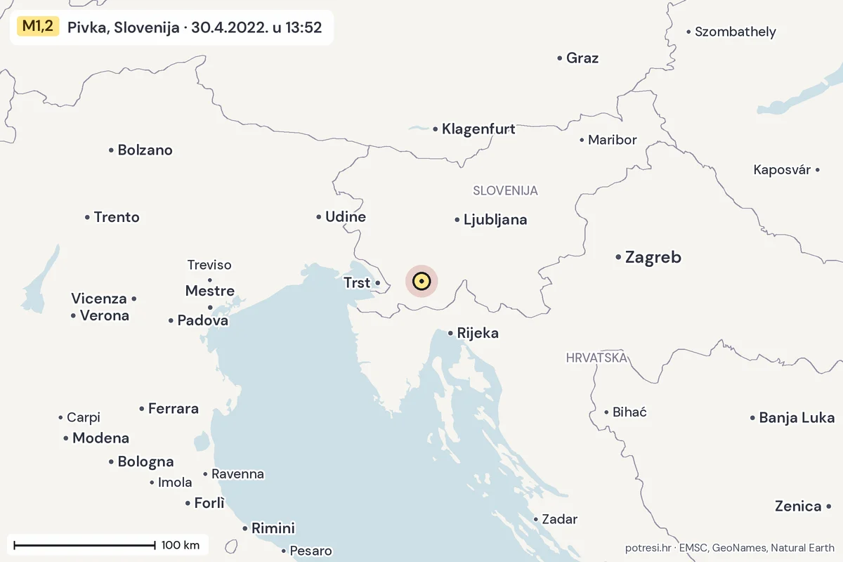 Karta: šire područje, 600 km, potres M1,2, Pivka, Slovenija, 30.4.2022.