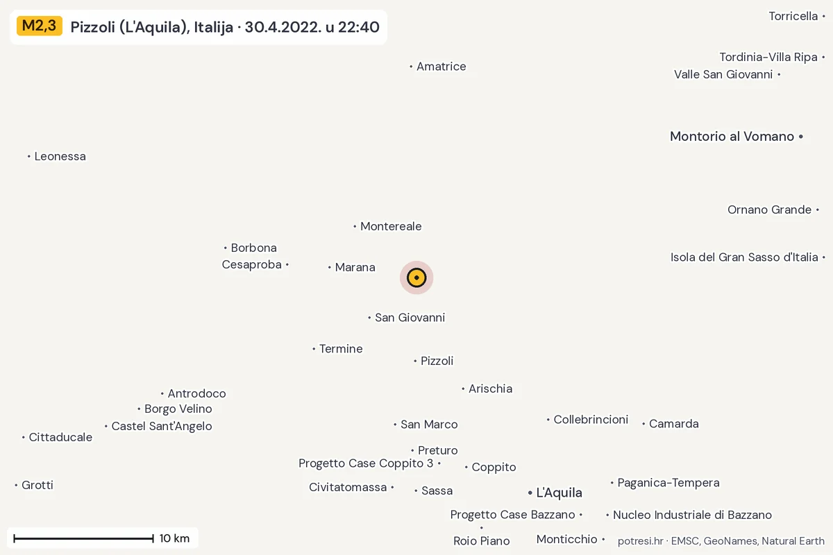 Karta: okolica epicentra, 60 km, potres M2,3, Pizzoli (L'Aquila), Italija, 30.4.2022.