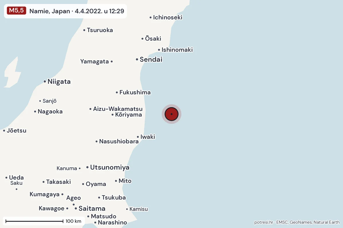 Karta: šire područje, 600 km, potres M5,5, Namie, Japan, 4.4.2022.