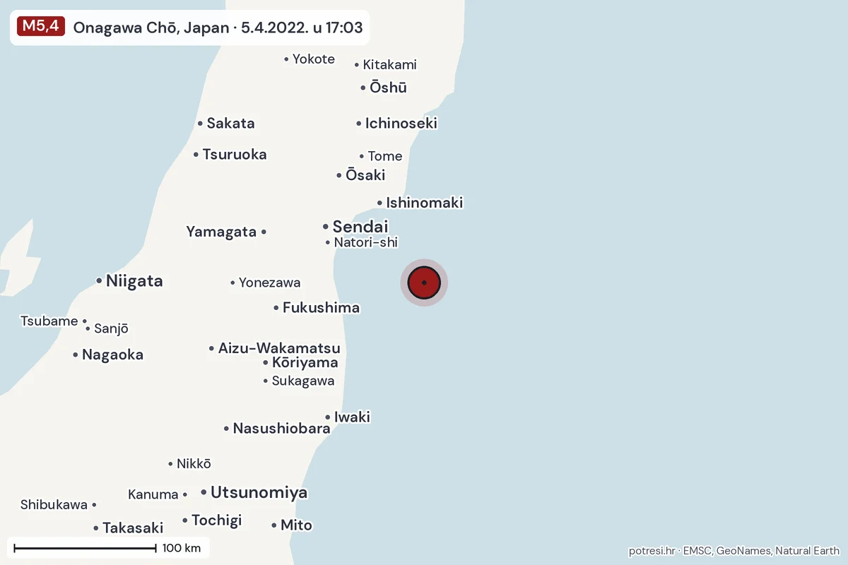 Karta: šire područje, 600 km, potres M5,4, Onagawa Chō, Japan, 5.4.2022.
