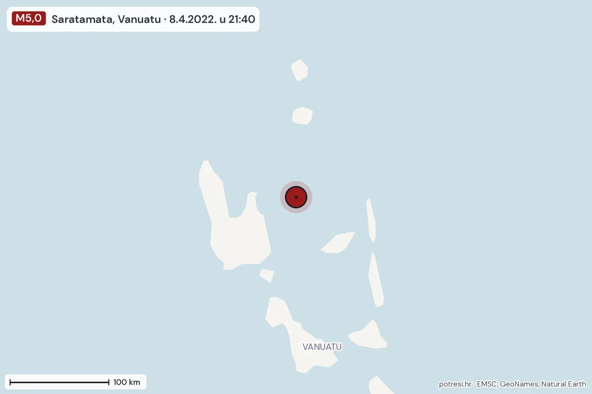 Karta: šire područje, 600 km, potres M5,0, Saratamata, Vanuatu, 8.4.2022.