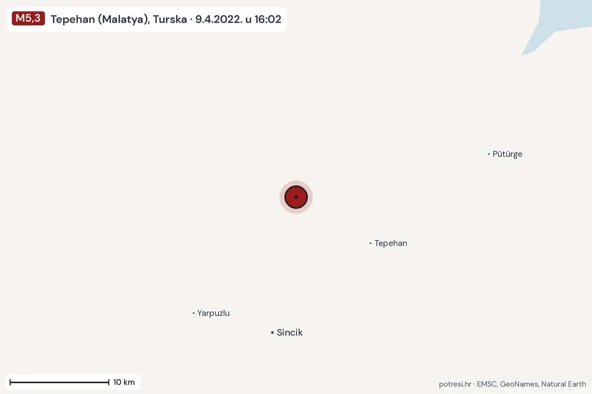 Karta: okolica epicentra, 60 km, potres M5,3, Tepehan (Malatya), Turska, 9.4.2022.