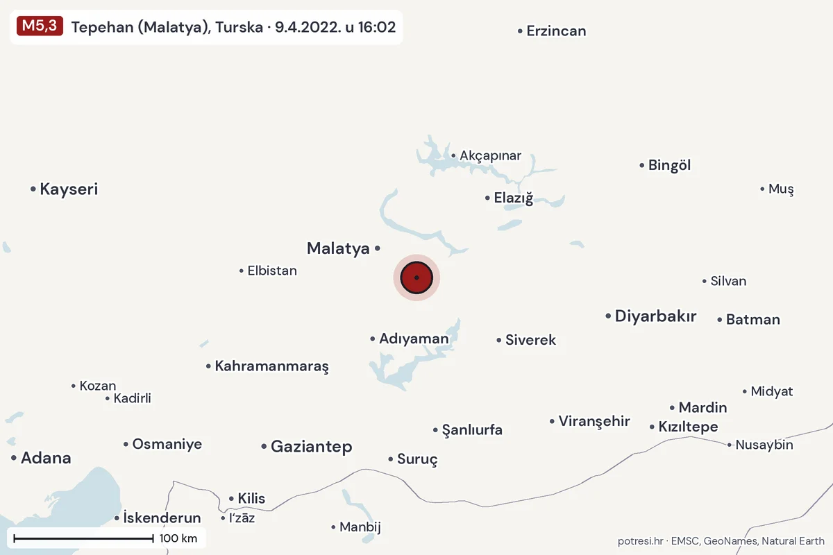 Karta: šire područje, 600 km, potres M5,3, Tepehan (Malatya), Turska, 9.4.2022.