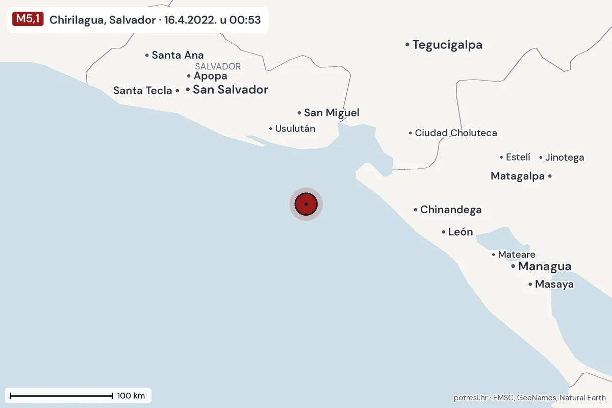 Karta: šire područje, 600 km, potres M5,1, Chirilagua, Salvador, 16.4.2022.