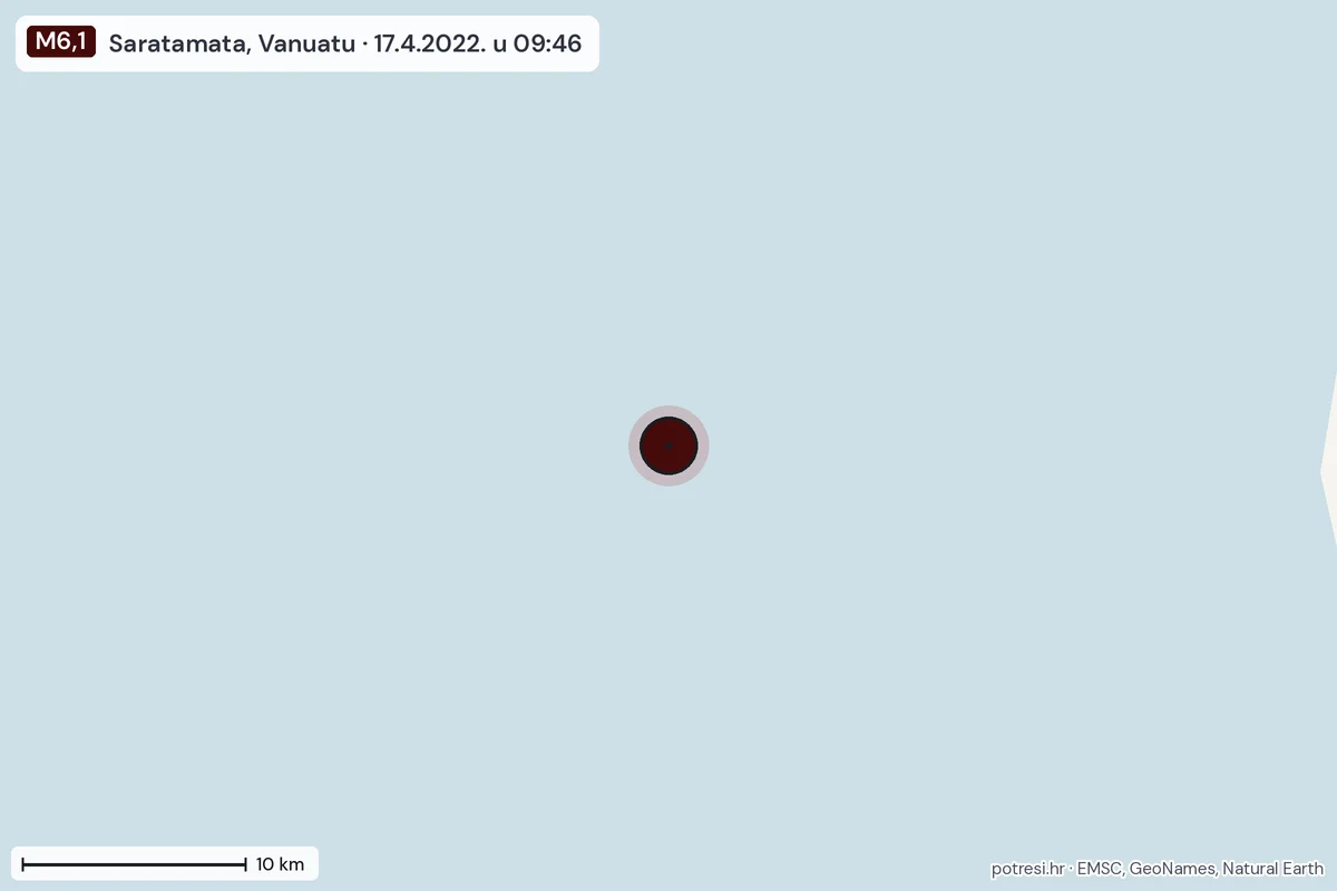 Karta: okolica epicentra, 60 km, potres M6,1, Saratamata, Vanuatu, 17.4.2022.