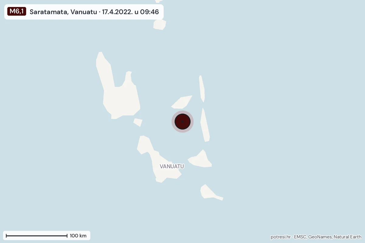 Karta: šire područje, 600 km, potres M6,1, Saratamata, Vanuatu, 17.4.2022.