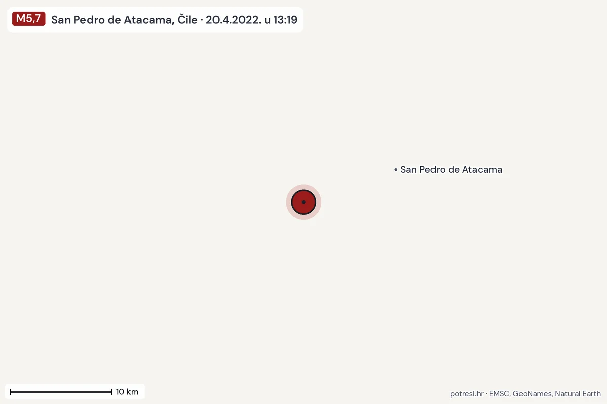 Karta: okolica epicentra, 60 km, potres M5,7, San Pedro de Atacama, Čile, 20.4.2022.