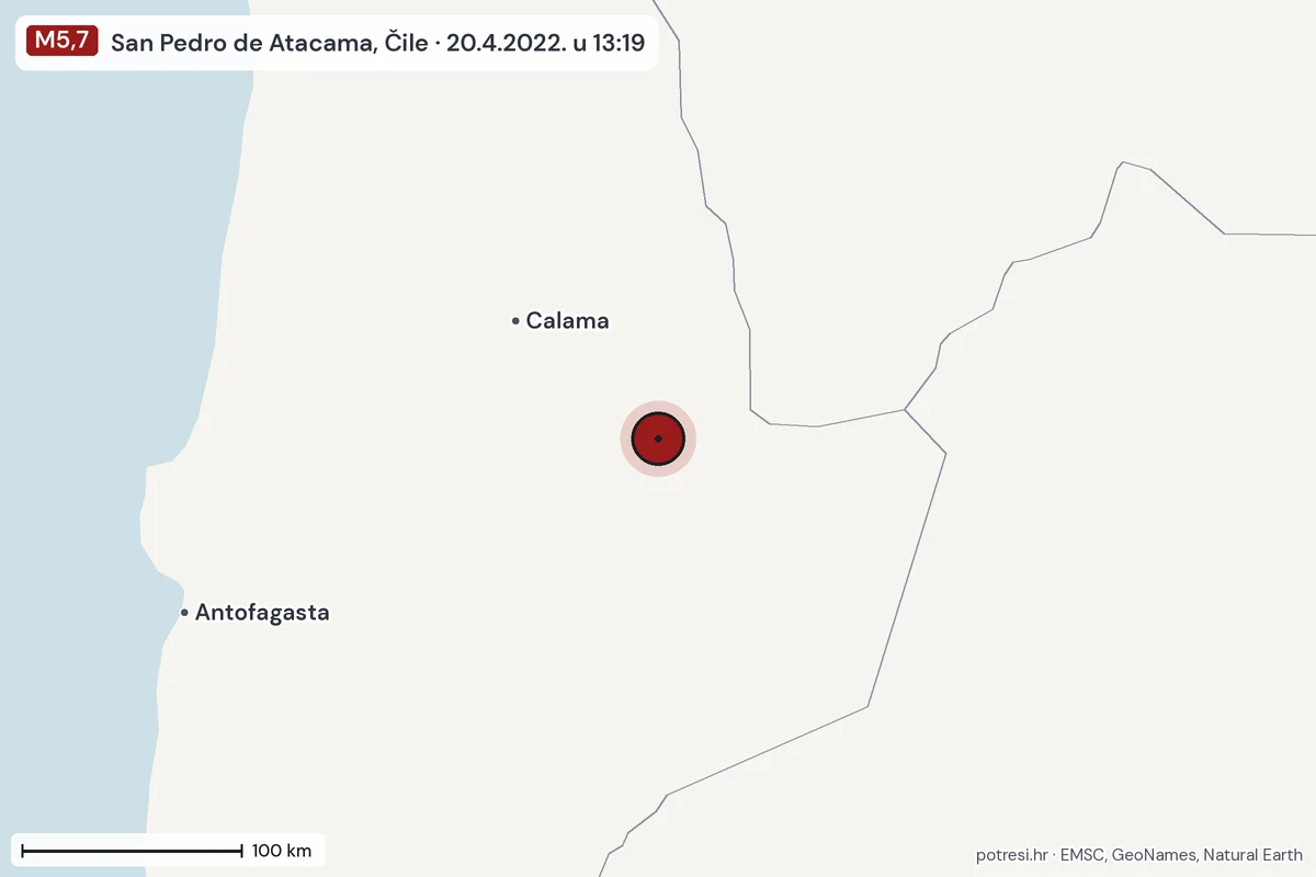 Karta: šire područje, 600 km, potres M5,7, San Pedro de Atacama, Čile, 20.4.2022.
