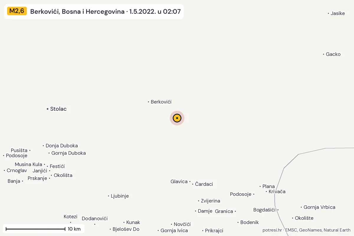 Karta: okolica epicentra, 60 km, potres M2,6, Berkovići, Bosna i Hercegovina, 1.5.2022.