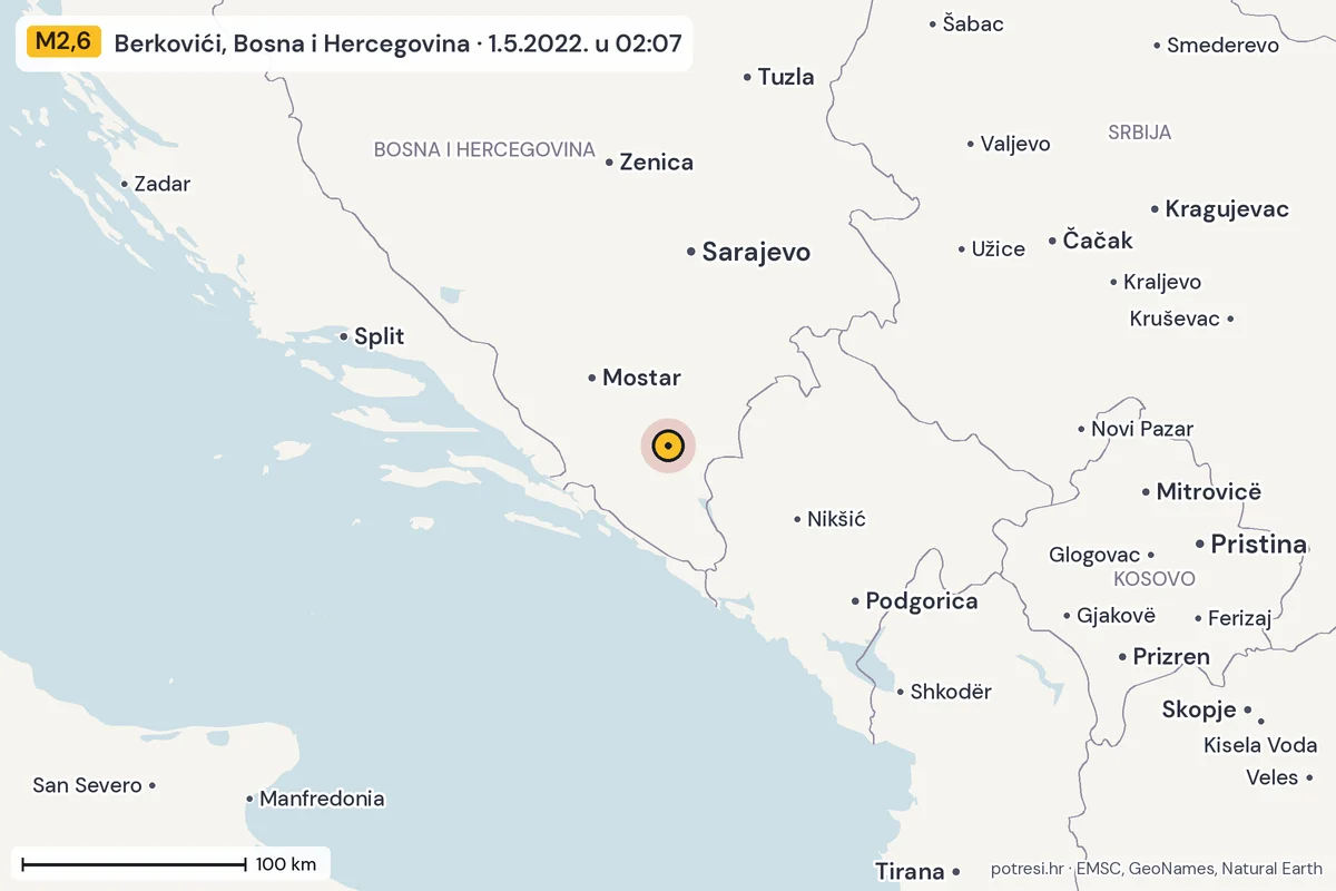 Karta: šire područje, 600 km, potres M2,6, Berkovići, Bosna i Hercegovina, 1.5.2022.