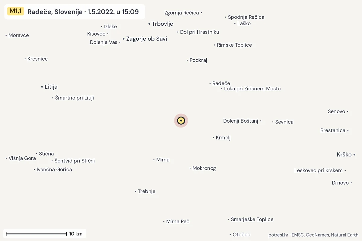Karta: okolica epicentra, 60 km, potres M1,1, Radeče, Slovenija, 1.5.2022.