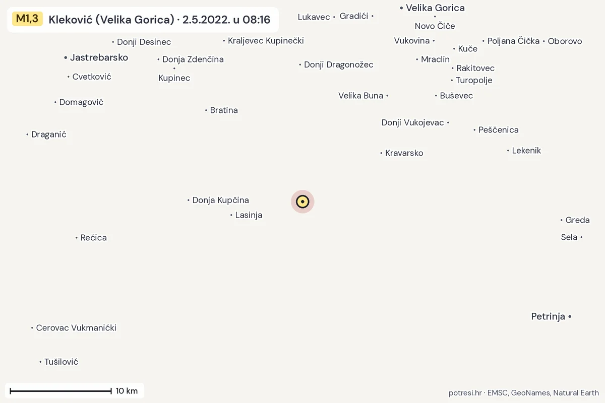 Karta: okolica epicentra, 60 km, potres M1,3, Kleković (Velika Gorica), 2.5.2022.
