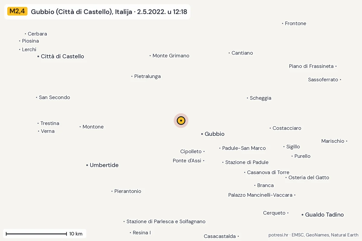 Karta: okolica epicentra, 60 km, potres M2,4, Gubbio (Città di Castello), Italija, 2.5.2022.
