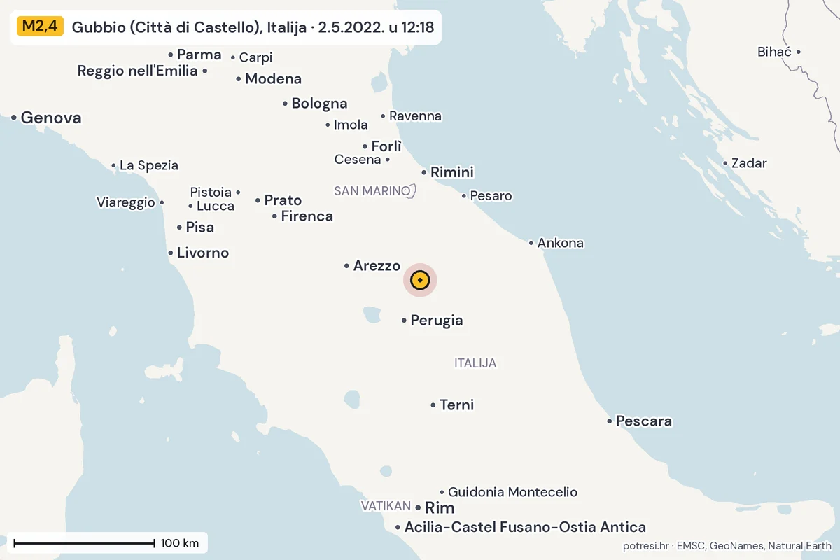Karta: šire područje, 600 km, potres M2,4, Gubbio (Città di Castello), Italija, 2.5.2022.