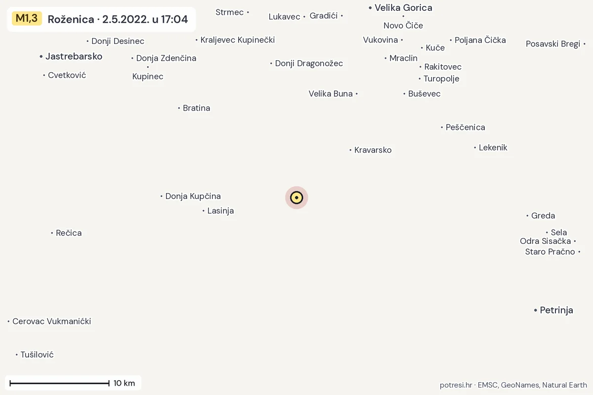Karta: okolica epicentra, 60 km, potres M1,3, Roženica, 2.5.2022.