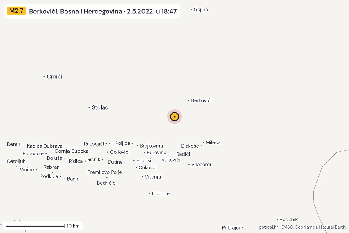 Karta: okolica epicentra, 60 km, potres M2,7, Berkovići, Bosna i Hercegovina, 2.5.2022.