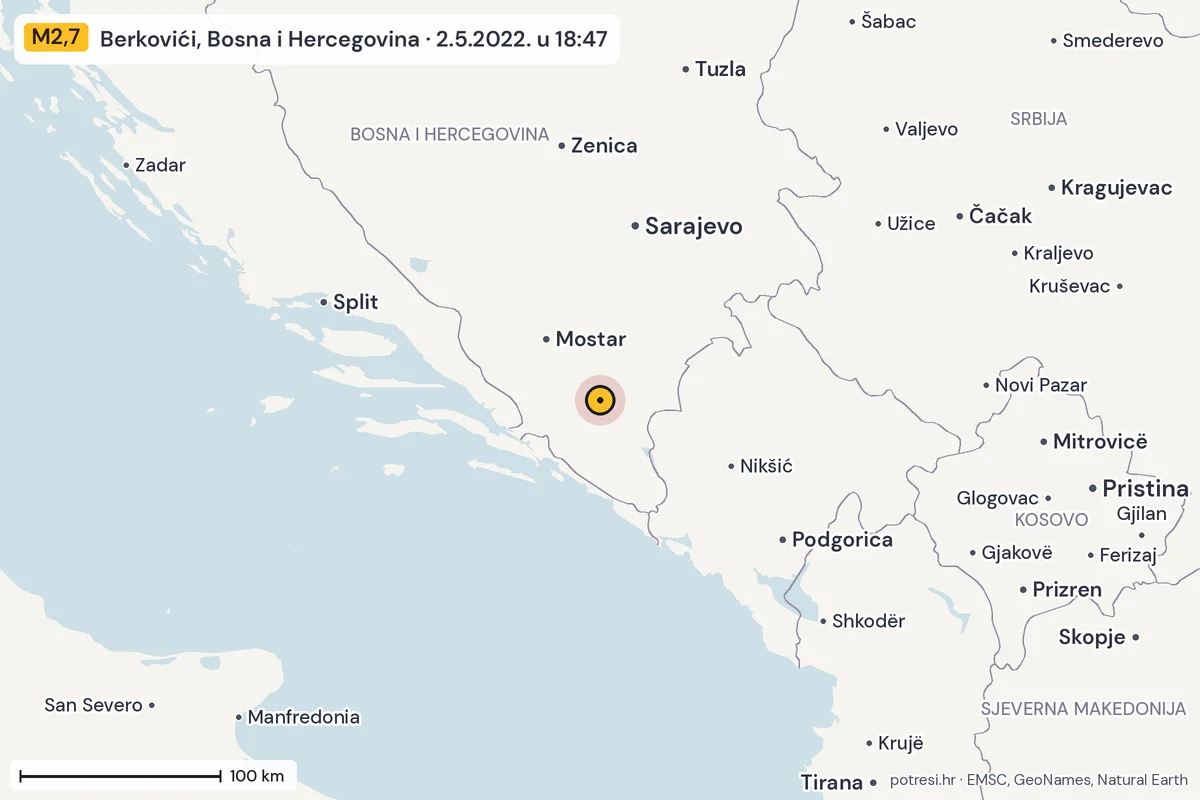 Karta: šire područje, 600 km, potres M2,7, Berkovići, Bosna i Hercegovina, 2.5.2022.