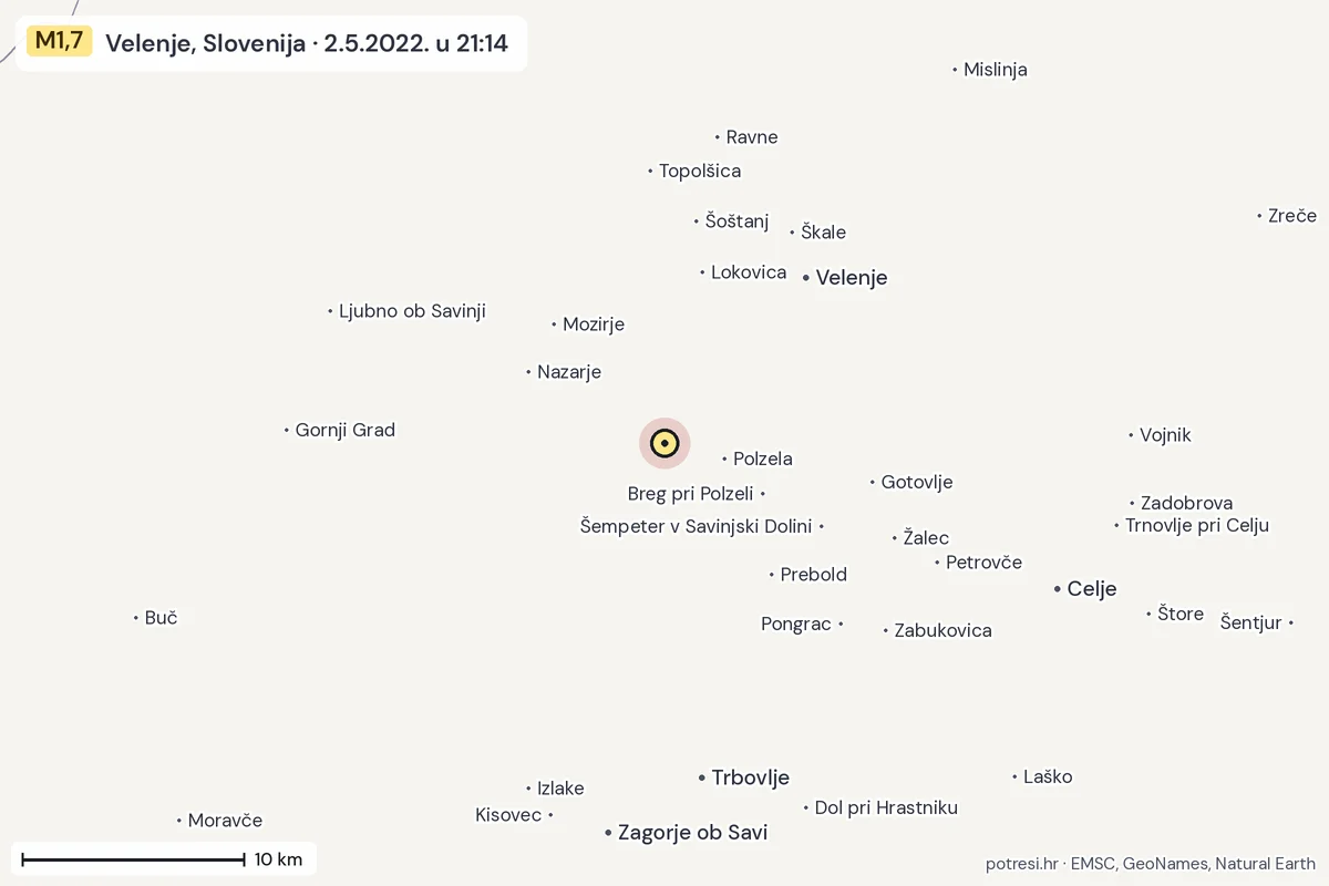 Karta: okolica epicentra, 60 km, potres M1,7, Velenje, Slovenija, 2.5.2022.