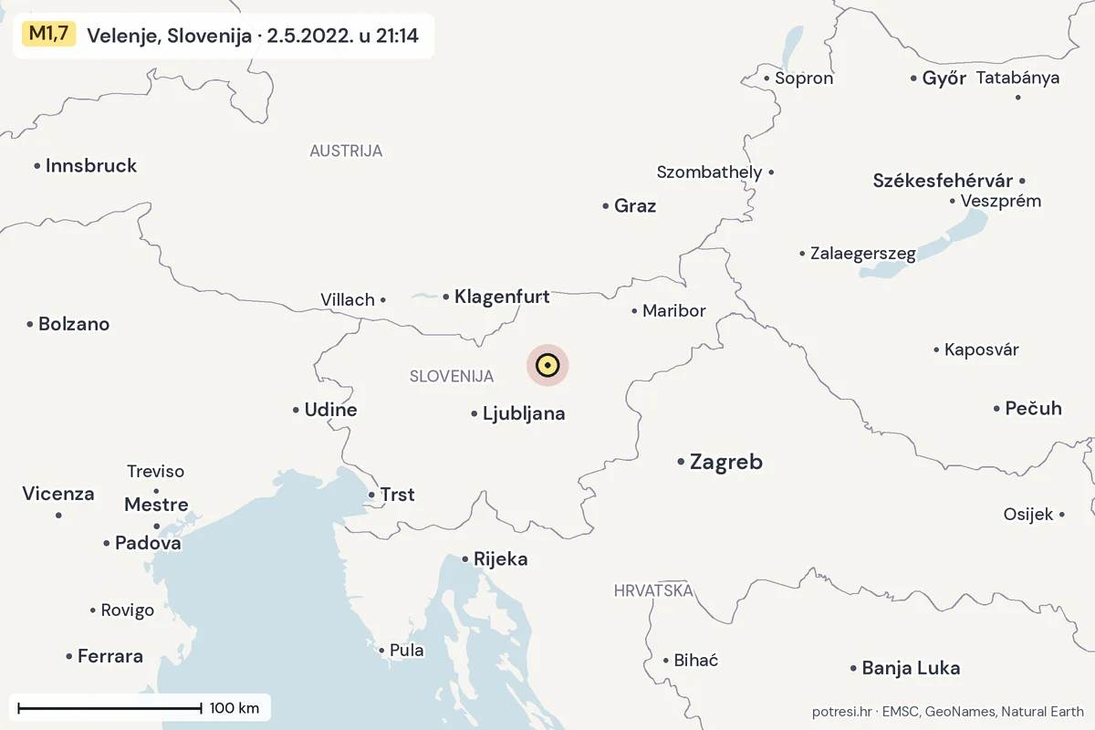 Karta: šire područje, 600 km, potres M1,7, Velenje, Slovenija, 2.5.2022.