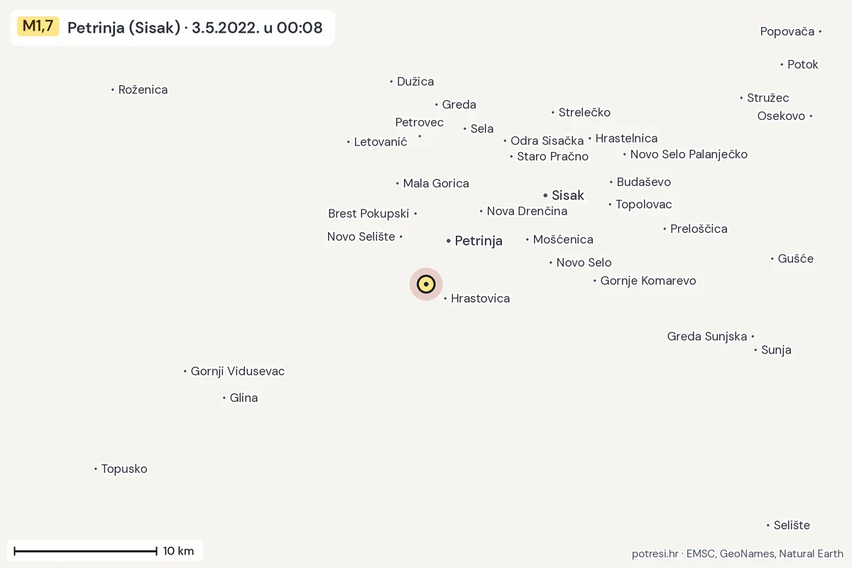Karta: okolica epicentra, 60 km, potres M1,7, Petrinja (Sisak), 3.5.2022.