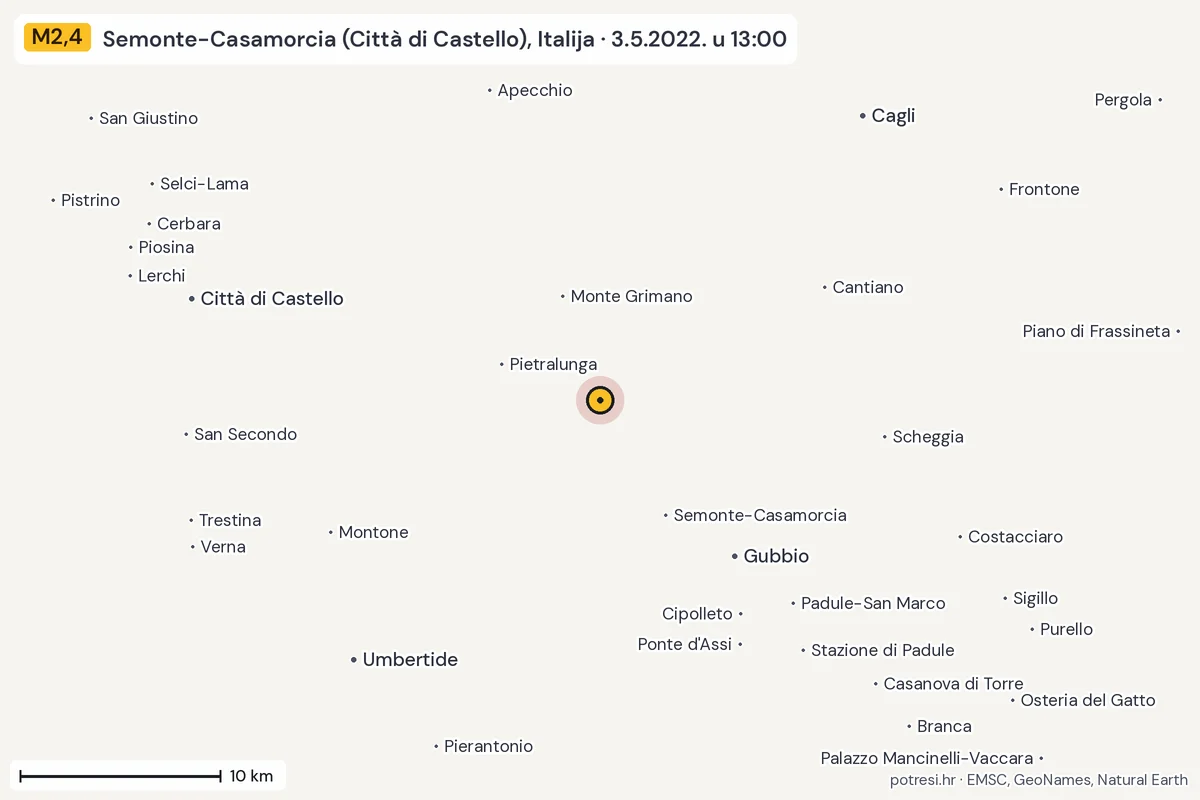 Karta: okolica epicentra, 60 km, potres M2,4, Semonte-Casamorcia (Città di Castello), Italija, 3.5.2022.