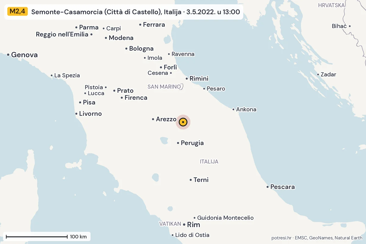 Karta: šire područje, 600 km, potres M2,4, Semonte-Casamorcia (Città di Castello), Italija, 3.5.2022.