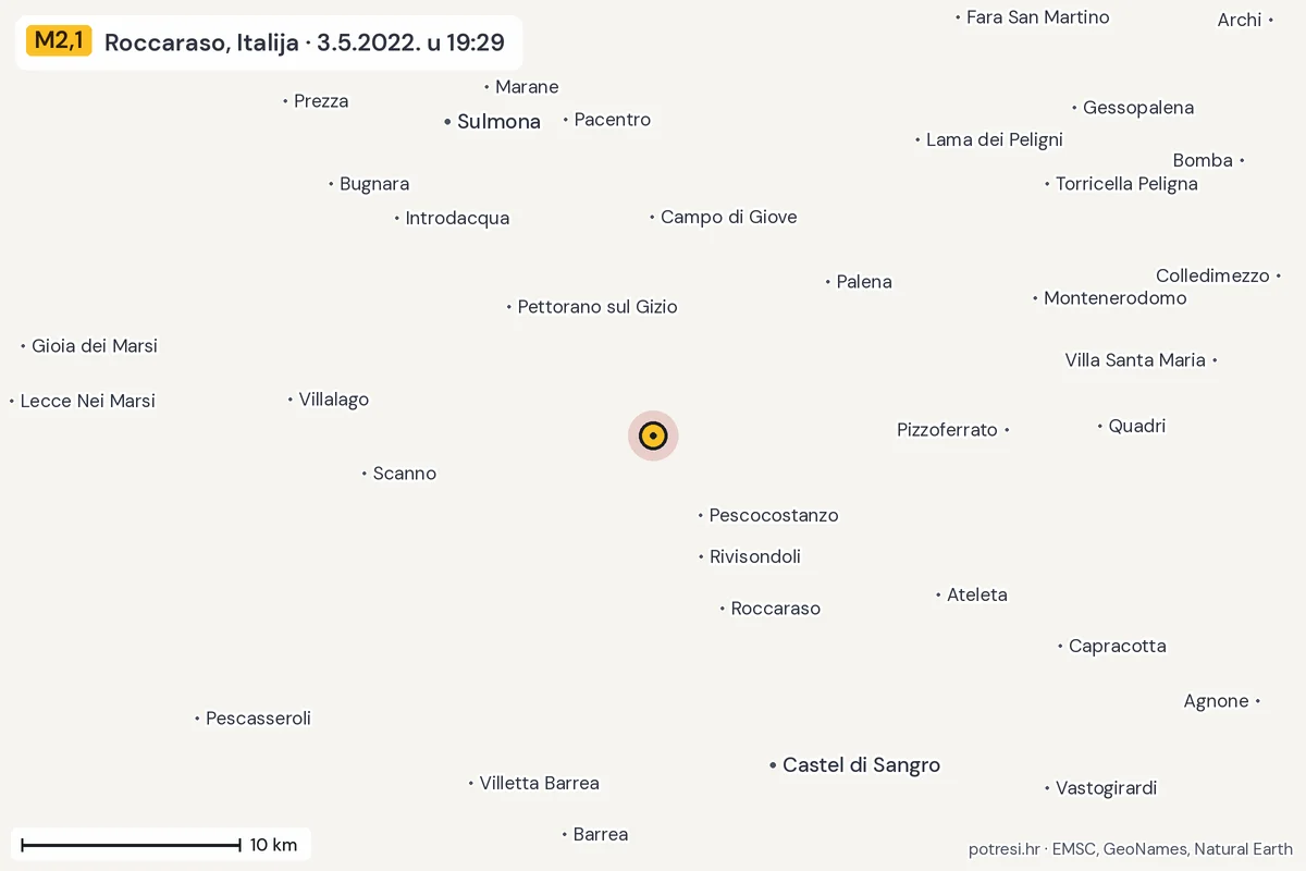 Karta: okolica epicentra, 60 km, potres M2,1, Roccaraso, Italija, 3.5.2022.