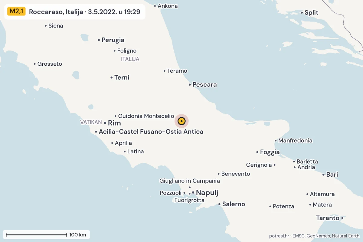 Karta: šire područje, 600 km, potres M2,1, Roccaraso, Italija, 3.5.2022.
