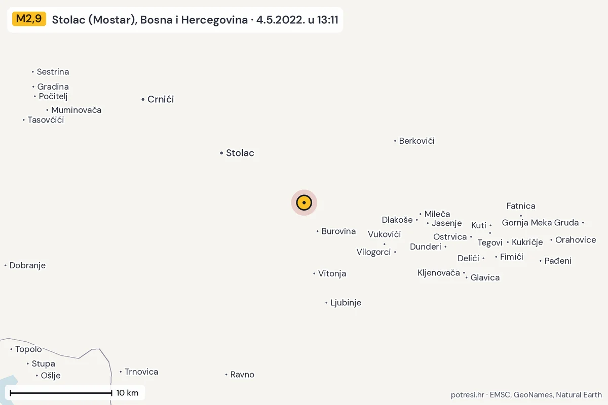 Karta: okolica epicentra, 60 km, potres M2,9, Stolac (Mostar), Bosna i Hercegovina, 4.5.2022.