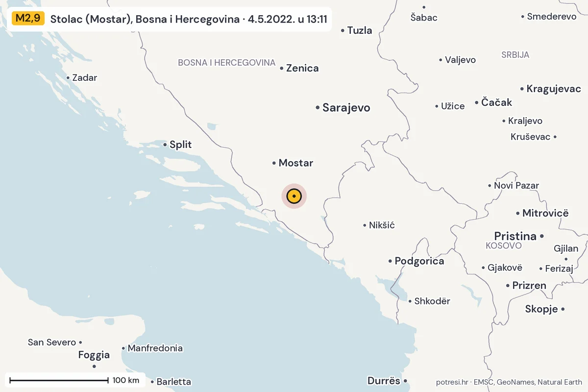 Karta: šire područje, 600 km, potres M2,9, Stolac (Mostar), Bosna i Hercegovina, 4.5.2022.